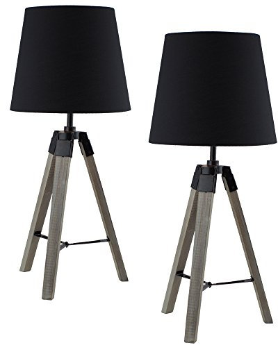 BRUBAKER 2er Set Dreibein Tisch- oder Nachttischlampen 57 cm Holz Silbergrau/Schwarz - Designed in Germany [Energieklasse A++]