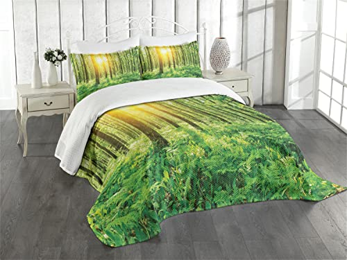 ABAKUHAUS Frühling Tagesdecke Set, Waldlaub Natur, Set mit Kissenbezügen Waschbar, für Doppelbetten 264 x 220 cm, Gelb Grün
