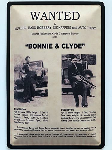 Blechschild 20x30cm gewölbt Wanted Bonnie And Clyde Steckbrief Deko Geschenk Schild