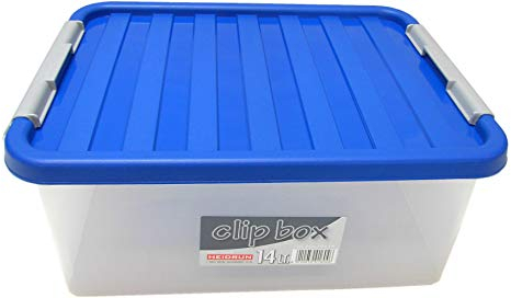 Heidrun 12 Stück Clipbox mit Deckel +Verschlüssen, 14,0 Liter, 39 x 29 x 18 cm - transparent/farbige Deckel
