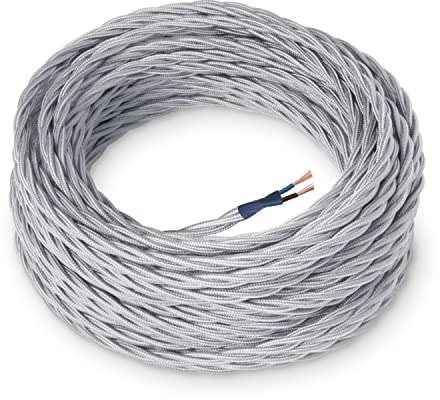 Amarcords - Cavo elettrico tessile colore ARGENTO, trecciato, seta, 5 metri, a 2 conduttori 2x0,75 - Filo rivestito in tessuto colorato vintage per lampade lampadari applique e abat jour.