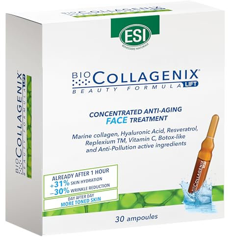 ESI-Biocollagenix Trattamento Concentrato Antietà a base di Collagene Marino e Acido Ialuronico, Dona una Pelle e Tonica e Ripristina l'Elasticità del Viso, Dermatologicamente Testato, 30 Ampolle