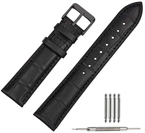 TStrap Uhrenarmband 19mm - Leder Armband Herren - Lederarmband Uhrenband mit Edelstahl Schwarz Dornschließe - 14mm 16mm 18mm 20mm 21mm 22mm 23mm 24mm