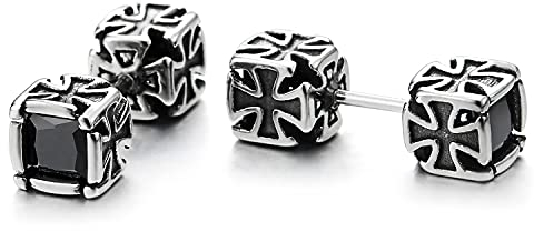 Vintage Kreuz Würfel Langhantel Ohrstecker Herren Damen Ohrringe Schwarz Zirkonia, Fake Plugs Cheater Tunnel Edelstahl