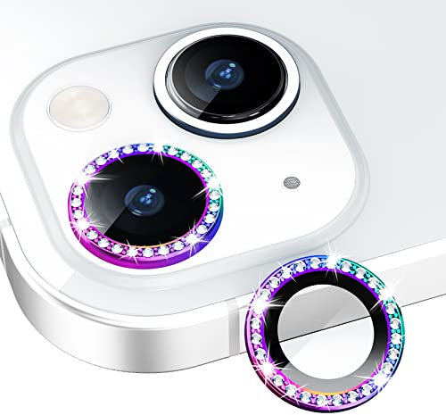 Xfilm Bling Diamond Protecteur d'objectif d'appareil photo en verre trempé transparent HD pour iPhone 13/iPhone 13 Mini, compatible avec les coques, anti-rayures (diamant multicolore)