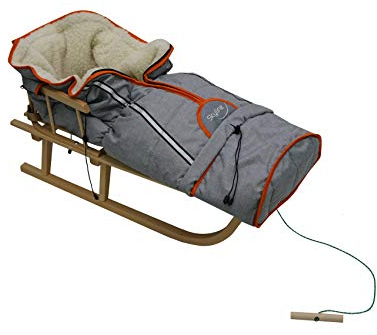 Holzschlitten für Kinder mit Rückenlehne Rodelschlitten Davoser Schlitten aus Holz mit einem Sicherheitsgurt, Rückenlehne und Winterfußsack (Natur/Grau Schlafsack)
