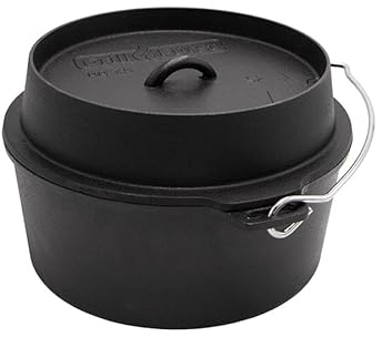 Grillfürst Dutch Oven ca. 7,5 Liter - stabil stehender Feuertopf mit flachem Boden ohne Füße, hitzebeständiger Gusseisen Topf, Deckel als Pfanne nutzbar, rund, DO 7,5