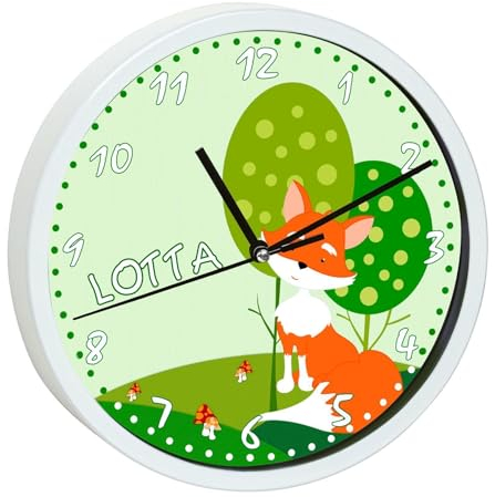 CreaDesign, Wanduhr Kinder personalisiert mit Name, Motiv Fuchs, Rahmen Wanduhr weiß, Ø 19,5 cm