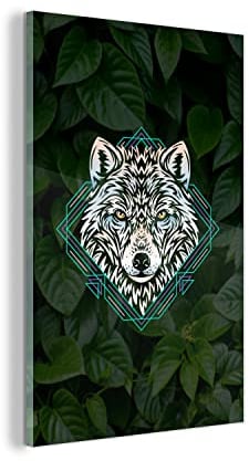 MuchoWow Glasbild Glasfoto Wandbild Bilder Deko 20x30 cm Wolf - Tier - Blätter
