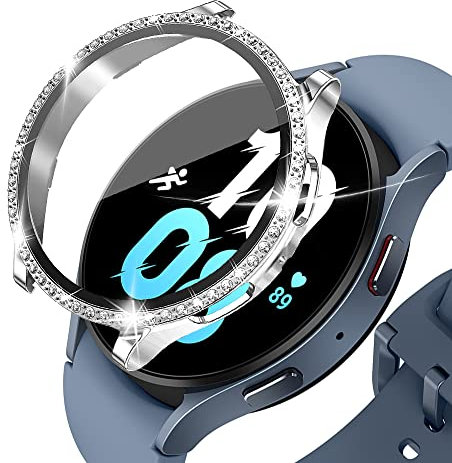 KeeFos Hülle Kompatibel für Samsung Galaxy Watch 5 44mm, Strassstein Gehäuse Panzerglas, Rundum Schutzhülle, Displayschutz PC Schutzhülle, Kratzfest für Samsung Galaxy Watch 5 44mm (Silber)