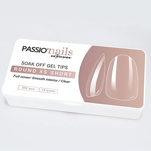 Passio'nails pose américaine ongles capsules (Rond XS Court, Transparent) boite 552 pcs 12 tailles, pour prothésiste ongulaire, débutant, faire ses ongles à la maison, salons de manucure, femme