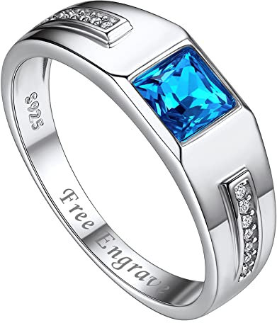 Suplight Herren Ring in 925 Sterling Silber Personalisierter Farbsteinring 14K Weißgold mit Blautopas Bandring Spannring mit Gravur Damen minimalistischer Zirkonring 62