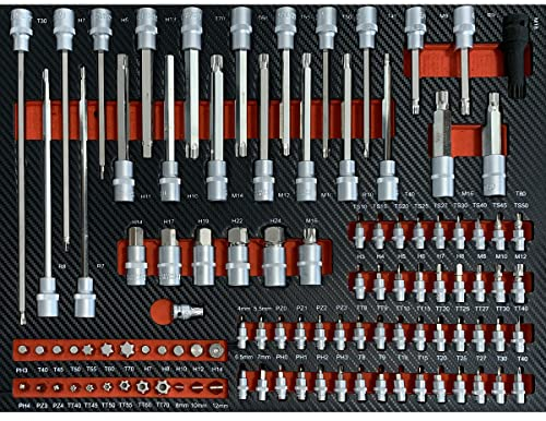 Mephisto Werkzeugeinlage Werkzeug Set Pro Line Werkstattwageneinlage Steckschlüssel- und Bitsatz, Steckschlüsseleinsatz für Schlagschrauber in Soft Inlay in Carbonoptik