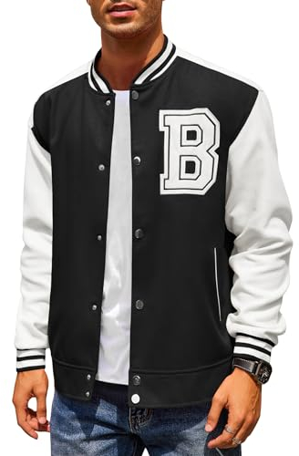 COOFANDY Herren Varsity Jacke Wollmischung Letterman Bomberjacke Baseball Leichte Jacke, A-Schwarz, L