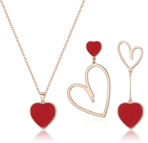 EVER FAITH Herz-Schmuck-Set für Damen rot Herz Anhänger Halskette und Asymmetrische Ohrringe Set Schmuck Geschenke für Rosegold-Ton