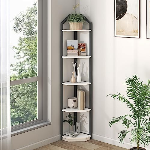 Fun Memories 5 Tier Corner Shelf, White Corner Shelf Stand, 30 x 30 x 175 cm,Corner Bookshelf Plant Stand, Storage Shelf for Bathroom, Living Room, Kitchen,Home Office, Rustic White