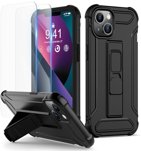 ORETECH Designed for iPhone 14 Case, iPhone 13 Case, and[2 x Tempered Glass Screen Protectors] [Built-in Kickstand] Military Grade Shockproof iPhone 13/14 Phone Case Full Body Protective Cover - Black
