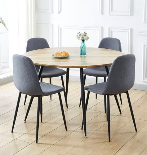 Hallowood Furniture Cullompton Round Wooden Dining Table and Chairs Set 4 | 120cm Light Oak Effect Top Large Kitchen Table and Chairs in Grey Fabric Upholstery, Modern 4 Seater Dining Room Furniture
