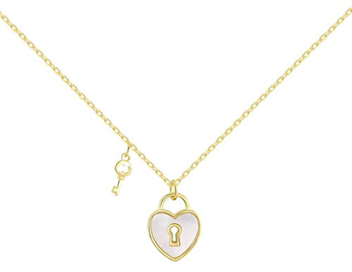 GemKing DY190523-S-G-WH 925 Sterling Silver Rhodium 18K Gold Plated Lover Heart Padlock Necklace Padlock Collar Choker for Women with Lock and Key