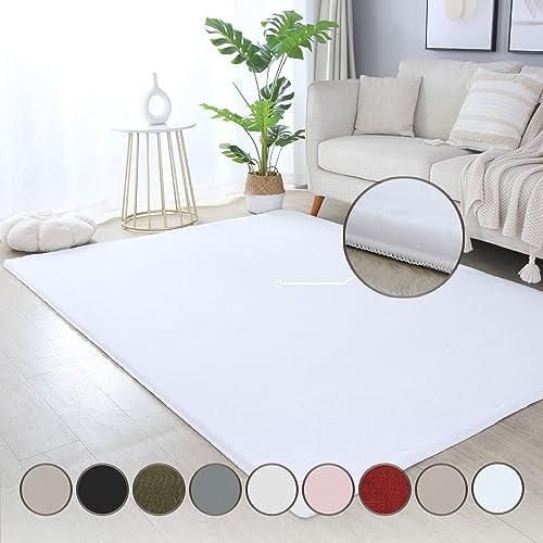 HomebyHome Teppich Wohnzimmer 140x200 cm Weiss Waschbarer Hochflor Flauschiger Teppiche Einfarbig Moderne Design - Küchenteppich Waschbar Shaggy Extra Weich Teppich für Schlafzimmer Kinderzimmer
