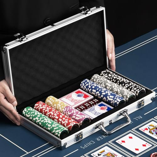 BAKAJI Set Valigetta da Poker in Alluminio, Confezione da Gioco Professionale con 2 Mazzi di Carte, 5 Dadi, Pulsante del Dealer, Valigia Alta Qualità Ideale per Texas Hold'em e Blackjack (300 Fiches)