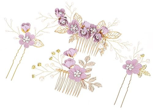 4 Stück Braut Haarschmuck Hochzeit,Hochzeit Haarspangen U-förmig Clip Haarspangen Blumenperle Braut Haarschmuck Brautjungfernschmuck Braut Haarnadelklemmen für Frauen und Mädchen Abschlussball,Lila