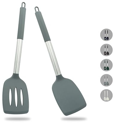 ZAIGON Juego de 2 robustas espátulas de silicona antiadherente - Resistentes al calor y sin BPA - Utensilios de cocina ideales para pescado, huevos y tortitas (Gris)