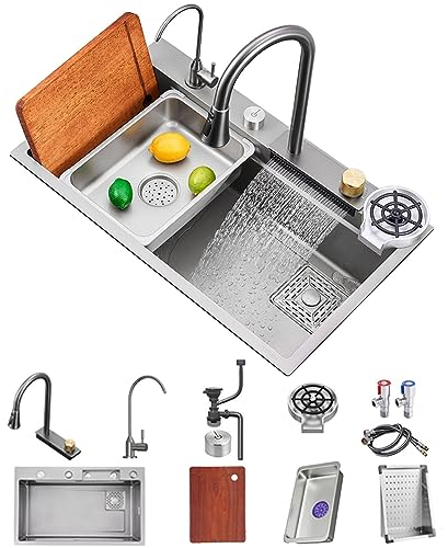 Fregadero de cocina Flying Rain Waterfall Fregadero de un seno con grifería extraíble, lavavasos a presión, tabla de corte, cesto escurridor y otros accesorios (80 * 45 * 21cm, El gris)