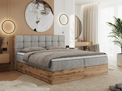 MKS MEBLE Boxspringbett Albero 1-200x200 cm mit Bettkasten, Kontinentalbett/Doppelbett, 2X 7-Zonen Taschenfederkern-Matratze H3, Topper T25, Kopfteil, Grau Strukture Holzoptik Wotan Eiche