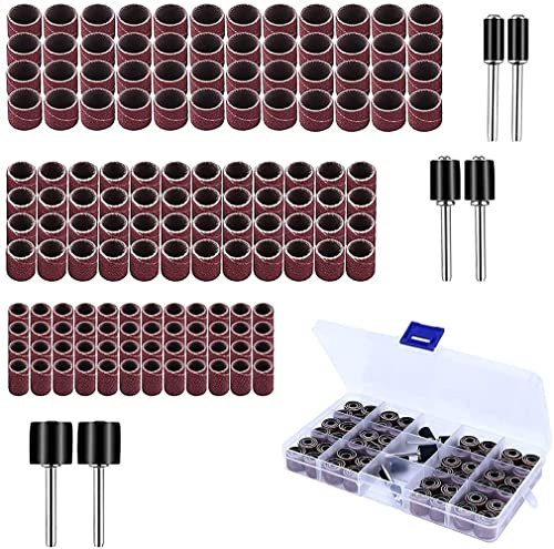 ANBOWEI 150 Pièces Caoutchouc Tambour de Ponçage avec Boîte Gratuite, Manchons Abrasifs pour Ponceuse, Comprenant 144 Bandes de Ponçage et 6 Tambour Mandrin pour Dremel Outils Rotatifs