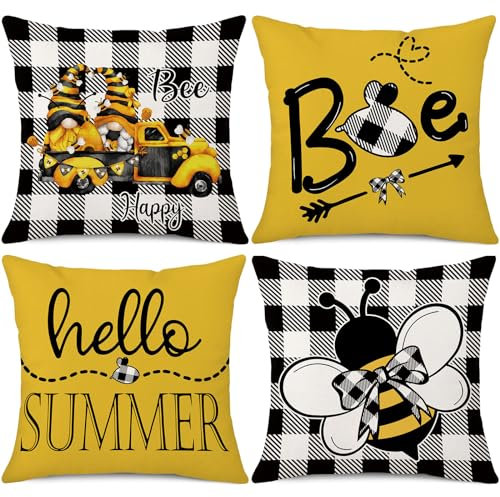 Coeufuedy Summer Bee Throw Pillow Covers 18 x 18 Set of 4 Black and White Buffalo Check Plaids Gnome Bee Summer Decorative Cushion Case for Sofa Couch Garden