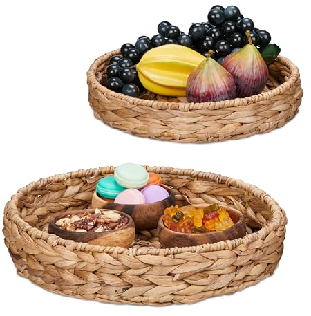 Relaxdays Set 2 Bandejas para Servir, Bandejitas Redondas de 32 y 25 cm, Adorno de Mesa, Jacinto de Agua, Natural, Hierro, 7 x 32 cm