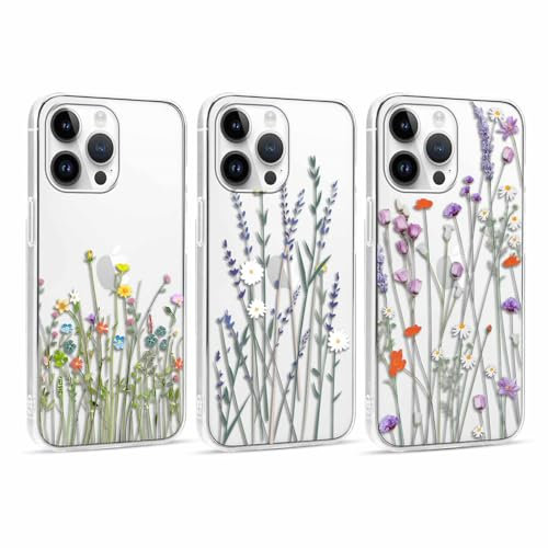 Foonary 3 Pezzi Trasparente Cover per Apple iPhone 14 Pro Max 6,7, Custodia Aesthetic Fiori Floral Motive Design, Silicone Protezione Phone Case per iPhone 14 Pro Max, Fiore 05