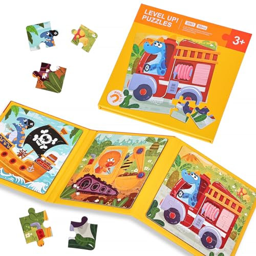 BBLIKE Magnetic Puzzles for Toddlers - 3-in-1 Animal and Transportation Jigsaw Puzzles for Kids Car Airplane Road Travel Activities Toys for 3 4 5 Year olds Boys and Girls, 14x14x1.5cm