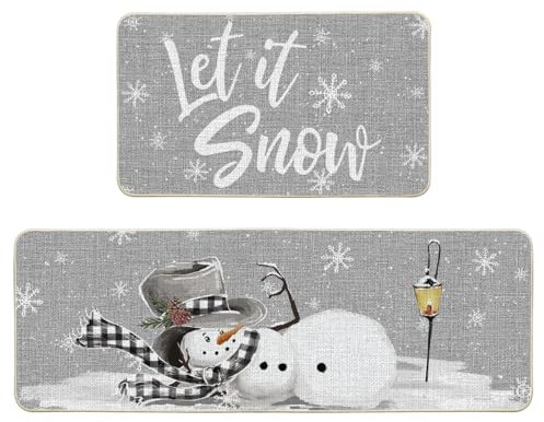 Artoid Mode Schneeflocken Laterne Schneemann Weihnachten Küchenteppich 2er Set, Xmas Waschbar Küchenmatten Für Innen Außen Dekor - 43x73 and 43x118 cm