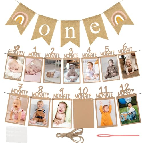 Foto Banner 1. Geburtstag und Deko Set - Sackleinen Banner für 1 bis 12 Monate Baby Ersten Geburtstag Fotogirlande - Geburtstagsdeko Junge Mädchen, Hängende Foto Wanddekoration Party Dekor