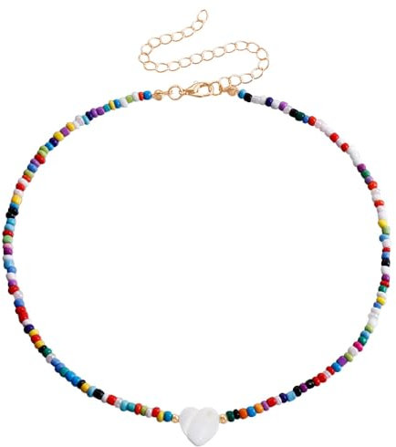 KBRPEY Herz Perlen Choker Halskette Bunte Rocailles Perlenkette Boho Schmuck Damen Kette Verstellbar Handgefertigt