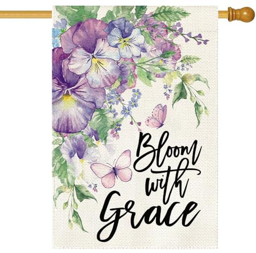 Baccessor Frühlings- und Sommer-Hausflagge, 71,1 x 101,6 cm, doppelseitig, Jute, Blüte mit Anmut Schmetterlingen und Blumen, große Hofflagge, Sommerurlaub, saisonale Outdoor-Dekoration