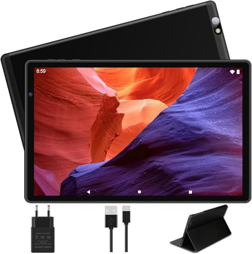 UJJ Tablette 10 Pouces Android Tablette avec Octa-Core, Tablette Tactile avec WiFi, 8000mAh, 1280 * 800 FHD, Bluetooth, 5+8MP Camera, Tablette avec étui - Noir