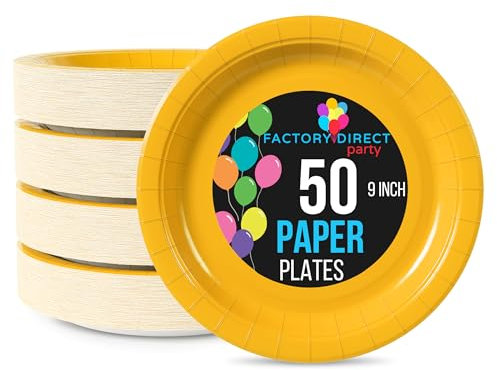 Exquisite Lot de 50 assiettes en carton jaunes de 22,9 cm - Assiettes jetables en carton jetables robustes de 350 g/m² pour fête, assiettes jaunes pour fête