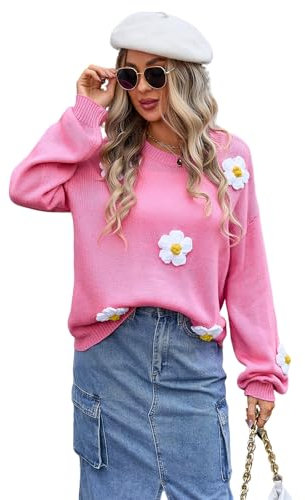 HEYPORK Damen Herbst Winter Warm Bequem Pullover Casual Mode Strickjacke Strickpullover Frauen Blume Pullover Rundhals Langarm Strickwaren(Rosenrot, M)