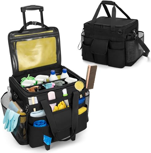 LoDrid Rolling Cleaning Caddy with Lid and Detachable Trolley, Black | Cleaning Supplies Organizer, Cleaning Caddy Cart on Wheels with Handle and Shoulder Strap for Housekeepers