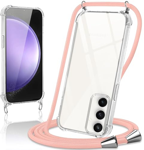 Coiwxmoi Handykette Handyhülle für Samsung Galaxy S23 FE Hülle mit Band 6.4,Transparent Case mit Kette Abnehmbar zum Umhängen Kordel Schutzhülle,Weich Silikon TPU Stoßfest Cover,Roségold