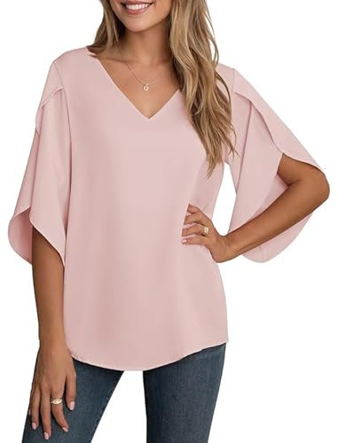 YGJIEGENG Women's Chiffon Blouse Ladies Tops Elegant Casual Loose 3/4 Ruffled Split Sleeve V Neck Summer Blouse T Shirts,Pink, X-Large