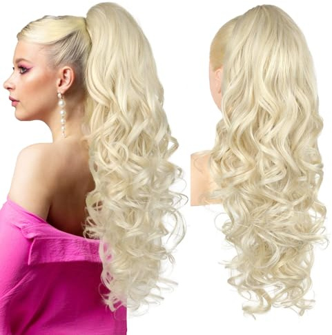 Ponytail Extension, 61cm Lange Zopf Pferdeschwanz Haarverlängerung Natürliches Clip in Pferdeschwanz Haarteil Kunsthaar für Damen, Hellblond