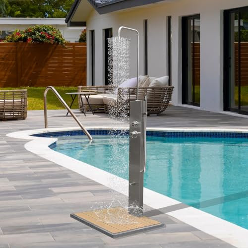 Probility Gartendusche gebürstetem Edelstahl 304, mit Einhebelmischer, Überkopfdusche, Fußdusche und Handbrause, mit WPC-Bodenplatte für Garten, Pool und Außenbereich