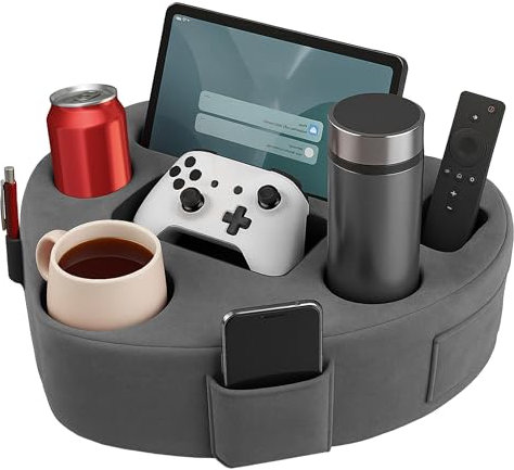 CozyGrip Heart-Shaped 8-in-1 Bed & Couch Cup Holder, Sofa Organizer Caddy Holds Phone, Tablet/iPad, TV Remote, Gaming Console, Mug - Drinks Cupholder Tray - Buddy Pillow Gift for Women & Couples, Gray
