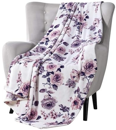 Coperta decorativa in pile con motivo floreale: morbido peluche vellutato con rose per divano o letto, rosa cipria, viola, blu navy, grigio su bianco, oversize 127 x 177,8 cm