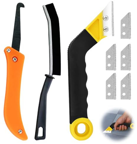 Huybaa 8PCS Raschietto per Fughe Piastrelle, Strumento per Pulizia Fughe Pavimenti con 5 Lame di Ricambio, Spazzola in Lega per Rimuovere Stucco da Cucina, Bagno, Pareti