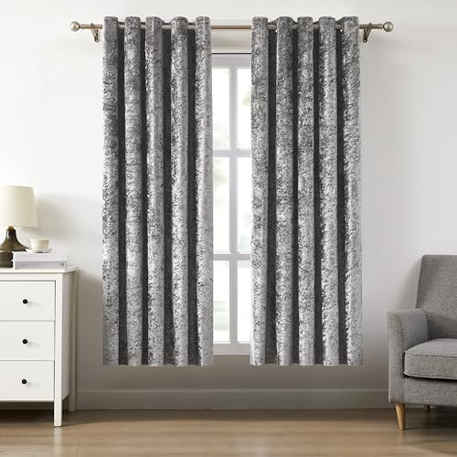 Bujasso Charcoal Full Blackout Curtains 72 inch Eyelet Crushed Velvet with Blackout Lining Drapes for Living Room Bedroom Thermal Insulated Room Darkening Curtains 2 Panels Grommet Top W66xL72